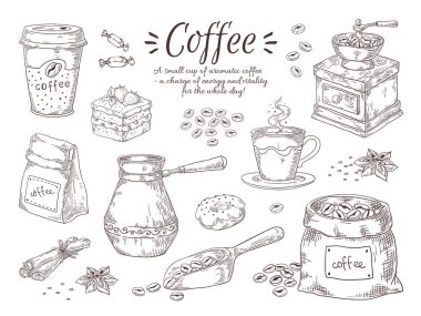 Elle çizilmiş kahve. Kahvaltı tatlılar ve baharatlar, kahve makinesi ve öğütücü kroki ile Vintage İtalyan içki. Vektör yalıtılmış küme