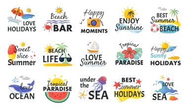 Plaj el çizilmiş çıkartmalar. Yaz tatili etiketleri yazı ve tropikal unsurlar, güneş dalgaları ve dondurma ile. Vektör tatil logoları
