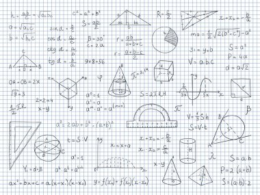 Karalama matematiği. Fizik ve geometri formülleri denklemleri, okul bilim grafikleri ve trigonometri sonu. Vektör el çizilmiş matematik işaretleri