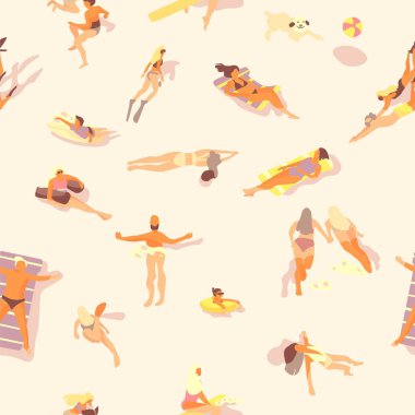 Yüzme insanları deseni. Su faaliyetleri yapan karikatür kişiler ile okyanus plaj Yaz sorunsuz baskı. Vektör tatil seti