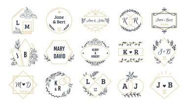 Düğün logoları. Olay davetiyesi ve el çizilmiş elemanları ile düğün tebrik kartları için Bohem monogramlar. Vektör kümesi