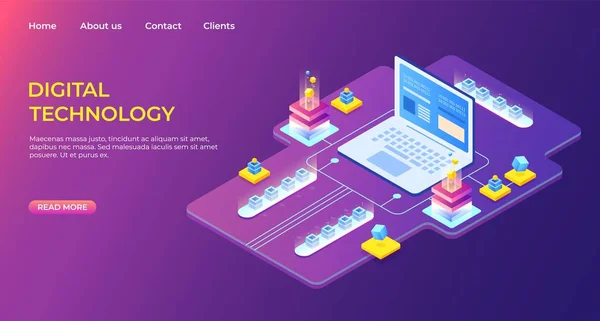 Isometric digital technology landing page. Business success. Computer monitor with infographic elements. High detailed vector illustration — Stock Vector