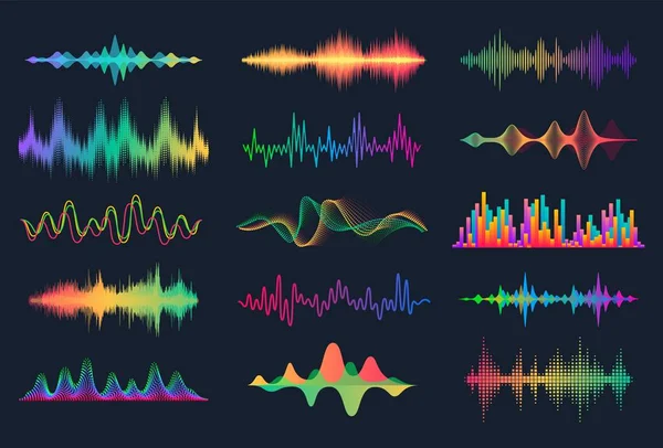 Ondas sonoras. Forma de onda de áudio de frequência, elementos de interface HUD de onda de música, sinal de gráfico de voz. Conjunto de onda de áudio vetorial —  Vetores de Stock