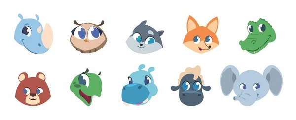 Caras de animales lindos. Bebé mascotas y animales salvajes del bosque sonriendo cabezas, animales niños personajes avatares. Conjunto de iconos aislados vectorial — Vector de stock