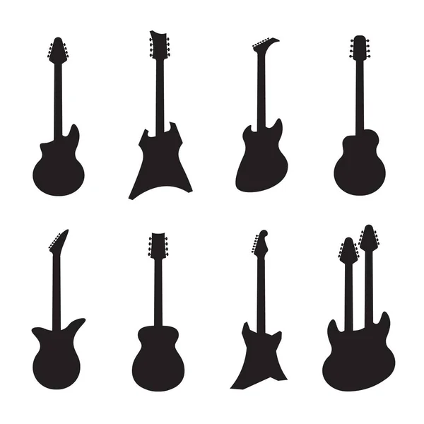 Silhuetas de guitarra. Instrumentos de corda de música acústica e elétrica preta. Vector rock e guitarras de jazz isoladas em branco — Vetor de Stock