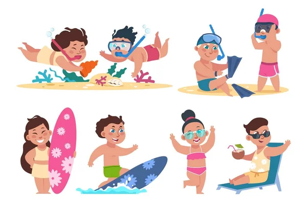 Niños en la playa. Personaje de niños planos en vacaciones de verano realizando actividades de playa, nadando jugando a la pelota tomando el sol. Conjunto de vectores — Vector de stock
