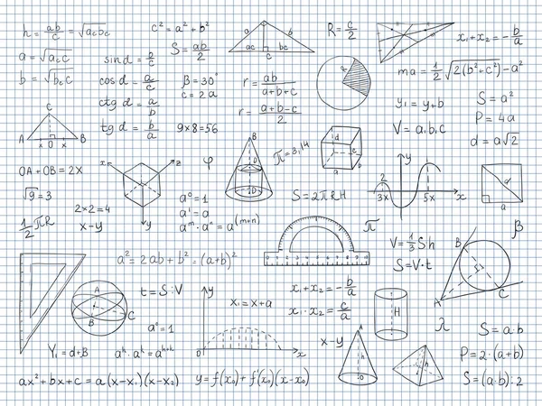 Doodle math. Formules de physique et de géométrie équations finales, graphiques de sciences scolaires et trigonométrie. Signes mathématiques dessinés à la main vectoriels — Image vectorielle
