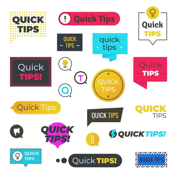 Quick tips logos and banners. Helpful tricks shapes, advices and suggestions emblems. Vector information label guide for help solution — Stock Vector