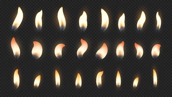 Candle flame. Realistic fire light effects for birthday cake burning candle. Vector candlelight set isolated on transparent background — Stock Vector