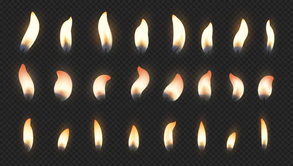 Fiamma di candela. Effetti di luce fuoco realistici per la torta di compleanno candela accesa. Set a lume di candela vettoriale isolato su sfondo trasparente — Vettoriale Stock