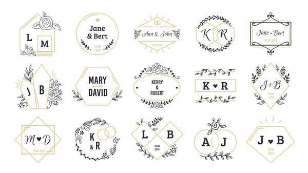 Bruiloft logo's. Boheemse monogrammen voor evenement uitnodiging en bruiloft wenskaarten met de hand getekende elementen. Vectorset — Stockvector