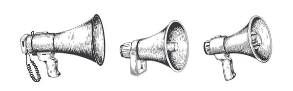 Vintage Megaphone. Kézzel rajzolt hangos hangszóró bejelentések, Bullhorn vázlat híreket, vagy a nyilvánosság figyelmét. Vektorüzenet-készlet — Stock Vector