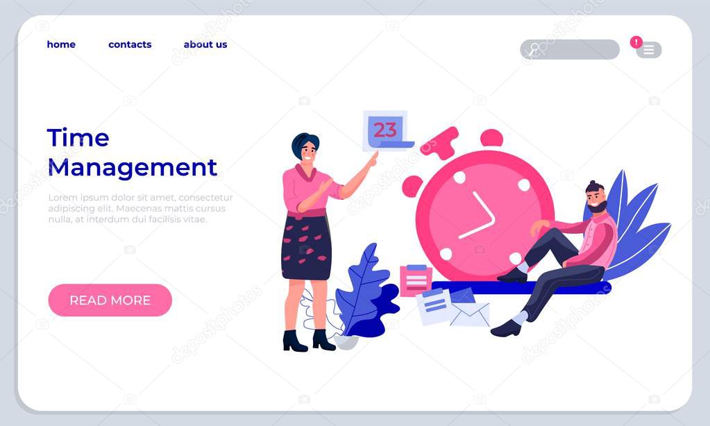 Time management landing page. Productivity improvement website and successfully organizing work web page. Vector technology modern digital stopwatch