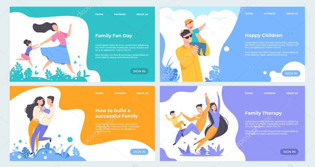Family website. Flat insurance planning web page template, happy cartoon characters with children on landing page. Vector banner set