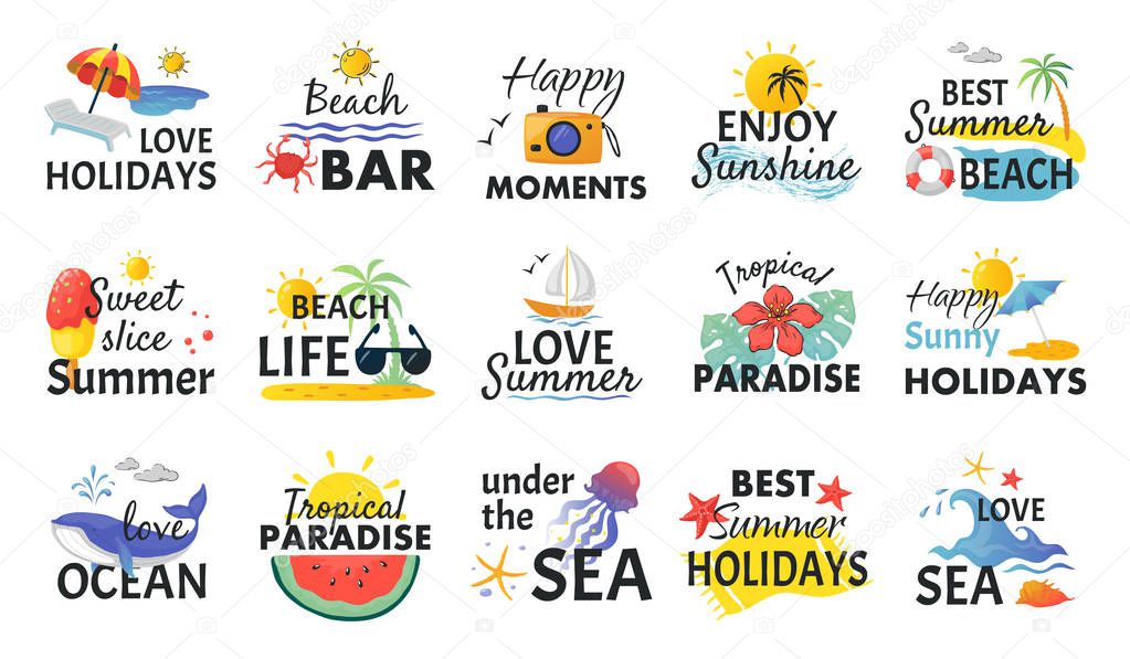 Beach hand drawn stickers. Summer holidays labels with lettering and tropical elements, sun waves and ice cream. Vector vacation logos