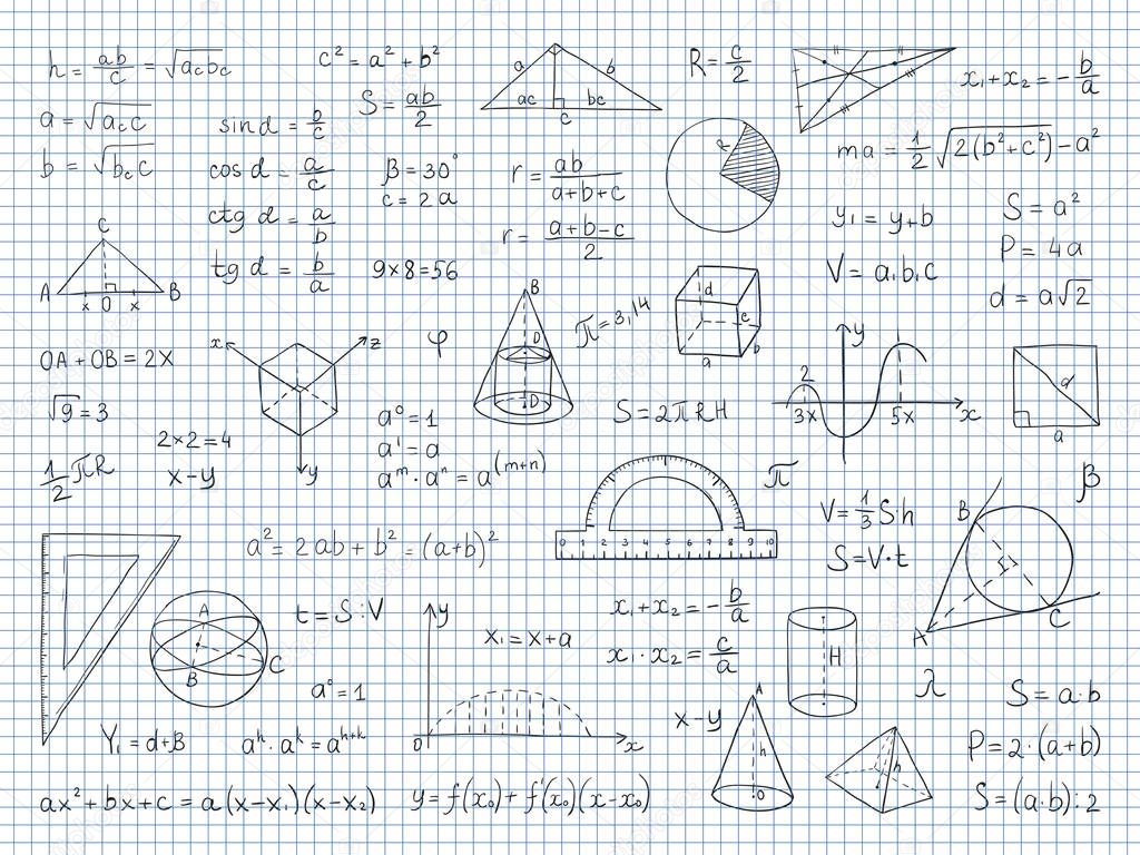 Doodle math. Physics and geometry formulas end equations, school science graphs and trigonometry. Vector hand drawn math signs