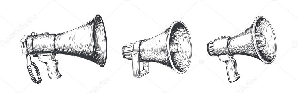 Vintage megaphone. Hand drawn loud speaker for announcements, bullhorn sketch news or public attention. Vector message set