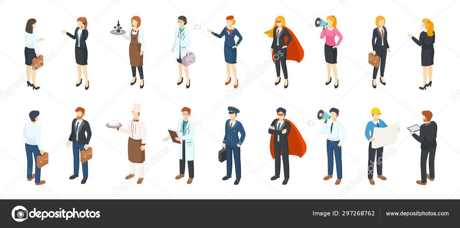 Isometric people professions. Men and women in different professional suits  and uniforms, flat office characters. Vector business jobs Stock Vector by  ©SpicyTruffel #297268762