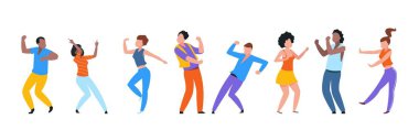 Dans eden insanlar. Mutlu trendy erkek ve kadın dansçılar, mutlu genç bir grup dans zevk. Vektör modern izole set