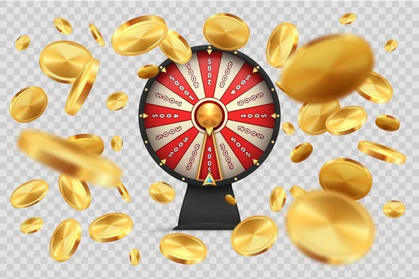 Колесо удачи с золотыми монетами. Счастливая рулетка на прозрачном фоне. Векторное 3D реалистичное изображение вращающиеся колеса казино для азартных игр — стоковый вектор
