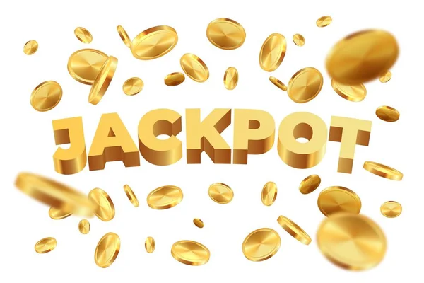 Jackpot com moedas de ouro. Chuva de dinheiro jackpot realista. Vector sinal de ouro 3D no fundo branco — Vetor de Stock