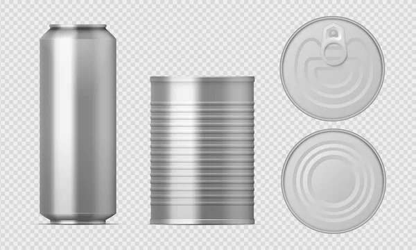 Latón de metal. Plantillas de cilindro en blanco de paquetes de alimentos realistas, cajas conservadas de aluminio con diferentes vistas. Set aislado vectorial — Vector de stock