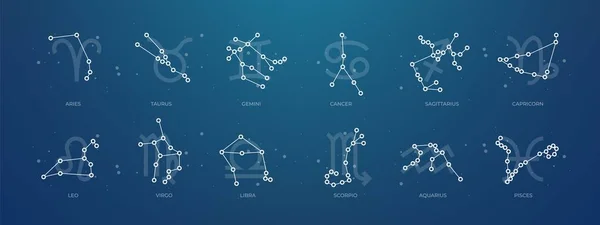 Constelações do zodíaco. Horóscopo e símbolos de linha de astrologia em fundo escuro, elementos de design celestial do zodíaco. Conjunto de vetores —  Vetores de Stock