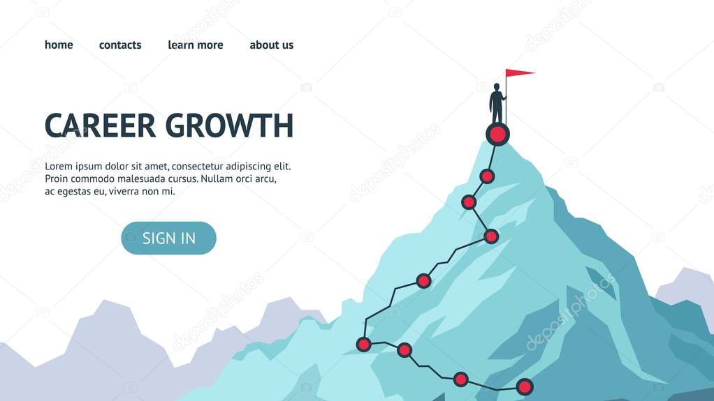 Career growth landing page. Process journey to success. Climbing to the top of mountains. Vector flat modern illustration success, achievment, motivation business