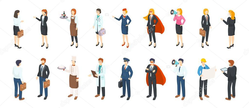 Isometric people professions. Men and women in different professional suits and uniforms, flat office characters. Vector business jobs