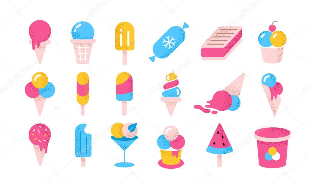 Ice cream flat icons. Cartoon frozen yoghurt and creams in cones cups and buckets. Vector summer tasty cold dessert
