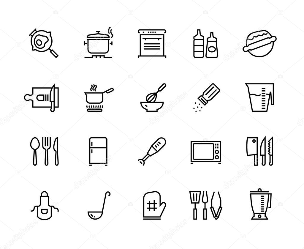 Kitchen line icons. Food cooking processes and kitchen utensils, outline pan pot and plate. Vector boiling frying and stewing set