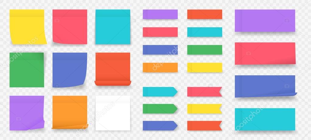 Sticky notes. Paper colored square reminders isolated on transparent background, empty notebook page. Vector paper sheet and notepad