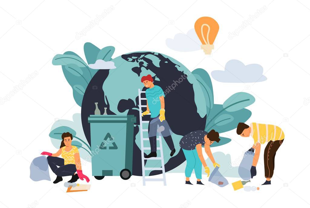 Recycling concept. Cartoon characters protect environment, sorting plastic waste and disposal products. Vector ecology banner