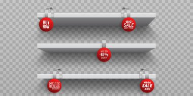 Shop shelves with wobblers. White 3D empty wall shelf with realistic round promotional wobblers. Vector sale wobbler on transparent background clipart