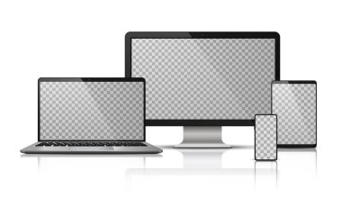 Şeffaf ekranlı gerçekçi bilgisayar dizüstü bilgisayar akıllı telefon. Tablet gadget şablonu, pc dizüstü mobil cihazlar mockup. Vektör izole aygıt ekranı