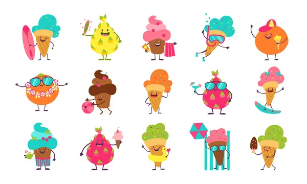 Stickers crème glacée été. Drôle de desserts doodle et de fruits avec des visages mignons faisant des activités d'été. Éléments vectoriels pour cartes postales — Image vectorielle