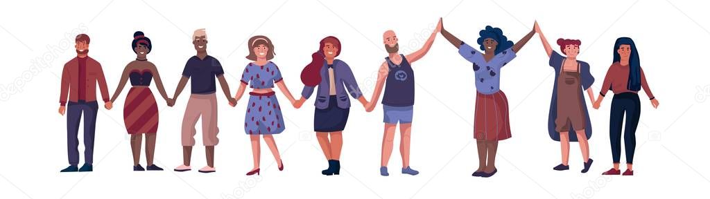 Friends characters. People standing together and holding hands, cartoon friendship and unity concept. Vector happy boys and girls