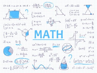 Karalama matematiği. Cebir ve geometri okul denklemi ve grafikleri, elle çizilmiş fizik bilim formülleri. Vektör eğitim krokisi