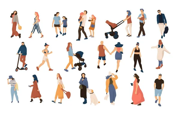 Gente de moda multitud. Personas de dibujos animados modernos y parejas caminando en multitud, colección al aire libre de verano. Vector hombres y mujeres — Vector de stock