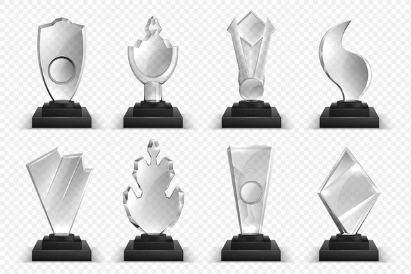 Trofeos transparentes. Premios realistas de cristal de vidrio, premios ganadores estrellas y copas, colección de premios de campeonato 3D. Conjunto de vectores — Archivo Imágenes Vectoriales