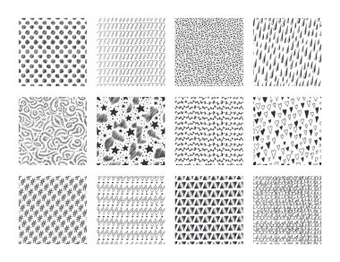 Elle çizilmiş dokular. Basit ve grunge karalama elemanları, vuruş nokta ve dalgalar ile mürekkep fırça desenleri. Vektör etnik kumaş şablonu
