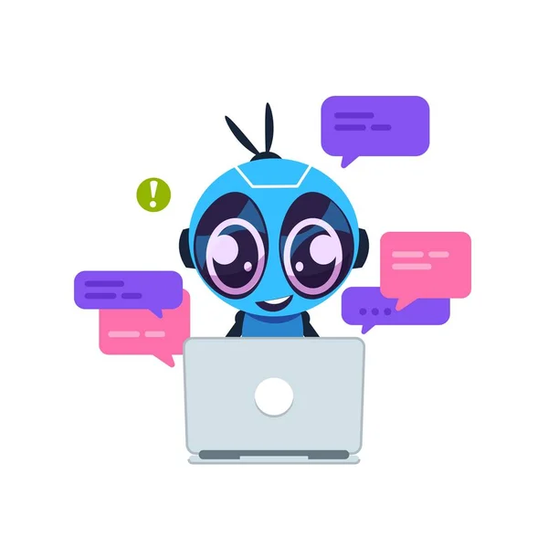 Chat bot. Lindo robot de dibujos animados con inteligencia artificial, asistente personal y concepto de servicio de soporte virtual. Ayuda del cliente del vector — Vector de stock