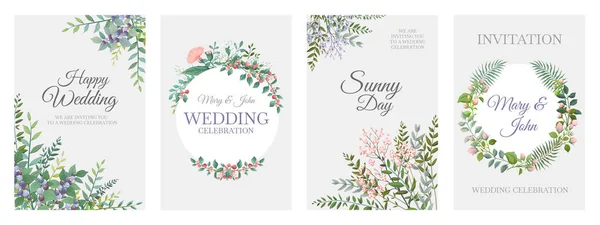 Hochzeitsplakate. grüne Blumenkarten, trendige Pflanzenkränze und -ränder, rustikale Vintage-Elemente. Vektor Bohemian Cards — Stockvektor