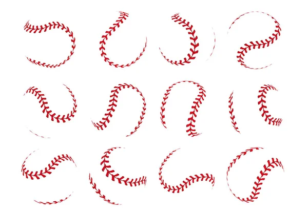 बेसबॉल बॉल फीता। खेल लोगो और बैनर के लिए गोलाकार सॉफ्टबॉल यथार्थवादी 3 डी लाल स्ट्रोक लाइनें। वेक्टर अलग डिजाइन तत्व — स्टॉक वेक्टर