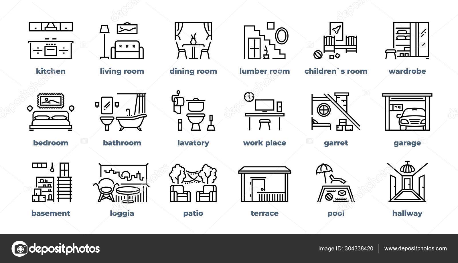 Home Rooms Line Icons Living Room