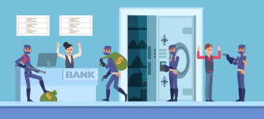 Banka soygunu. Maske ve koyu renk giysiler içinde suç kişilerinbanka ofisinden para çalmak ile karikatür sahne. Vektör hırsızları