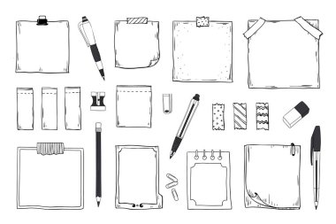 Karalama notları. Günlük defter ve iğne kalem kalem kalem ve kırtasiye, elle çizilmiş yapışkan notlar ile kağıt levhalar. Vektör not seti