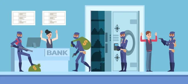 Banka soygunu. Maske ve koyu renk giysiler içinde suç kişilerinbanka ofisinden para çalmak ile karikatür sahne. Vektör hırsızları — Stok Vektör
