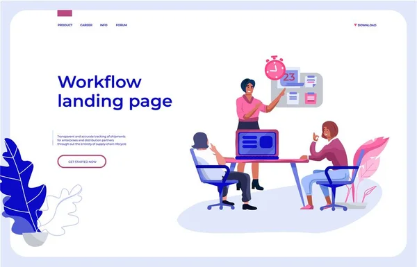 Arbetsflödets landningssida. Office People-teamet interagerar med Business Dashboard och kommunicerar. Sidan vektor arbete organisation — Stock vektor