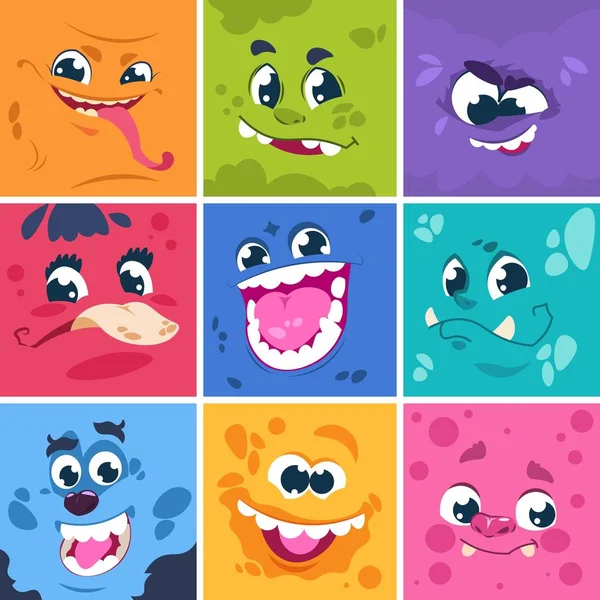 Szörnyek arcok. Aranyos rajzfilmfigurák különböző vicces kifejezéseket, komikus boldog és ijesztő szörnyek. Vektornégyzet-készlet — Stock Vector
